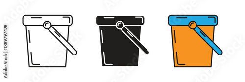 Plastic or metal paint bucket icons with handle for interior design, renovation, and art projects, presented in three versatile graphic variations.