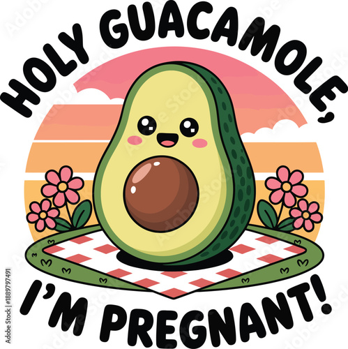 Cute cartoon avocado with pink cheeks on checkered plate surrounded by flowers