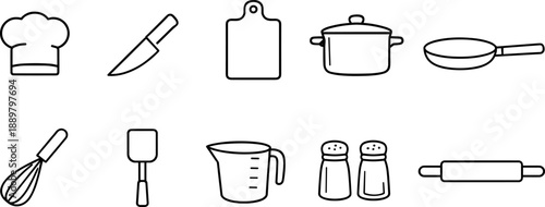 Set of black line icons representing kitchen tools and cooking utensils including chef hat, spatula, cutting board, whisk bowl, knife, measuring cup, rolling pin, frying pan, salt and pepper shakers, 