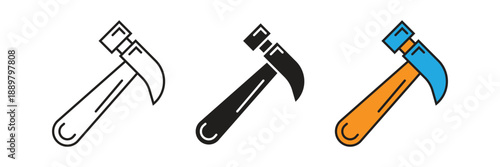 Classic hammer icons representing carpentry, construction work, home repair, and manual labor, available in outline, solid, and colorful flat styles.