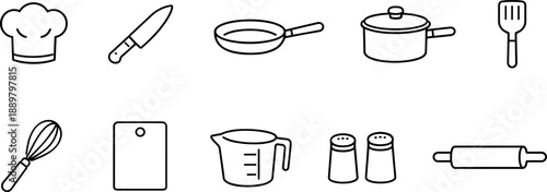 Set of black line icons representing kitchen tools and cooking utensils including chef hat, spatula, cutting board, whisk bowl, knife, measuring cup, rolling pin, frying pan, salt and pepper shakers, 