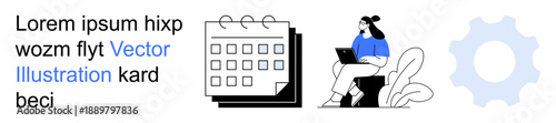 Business planning, digital productivity, teamwork navigation, task scheduling, remote work, and system management. Calendar, gear icon seated woman with laptop. Business planning and digital