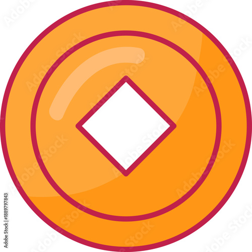 Yellow Traditional Chinese Coin. Flat Style Illustrations. Lunar Chinese New Year Element