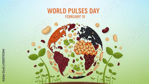 World pulses day poster with globe made of legumes and plants on green background