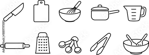 Set of black line icons representing kitchen tools and cooking utensils including chef hat, spatula, cutting board, whisk bowl, knife, measuring cup, rolling pin, frying pan, salt and pepper shakers, 
