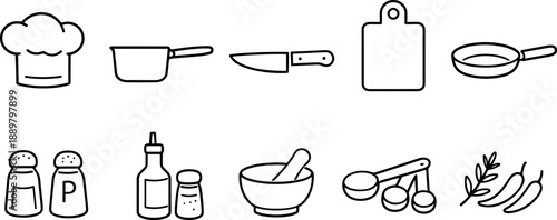 Set of black line icons representing kitchen tools and cooking utensils including chef hat, spatula, cutting board, whisk bowl, knife, measuring cup, rolling pin, frying pan, salt and pepper shakers, 