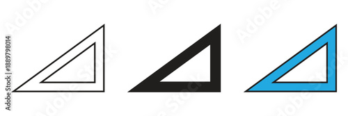 Mathematical triangle ruler icons for technical drawing, school education, architectural measurement, and precision engineering design projects in three distinct styles.