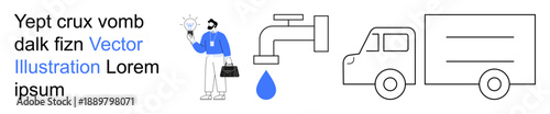 Water distribution, service logistics, professional workforce, sustainability, plumbing, utilities. Worker in uniform, faucet with drop delivery truck. Water distribution and service logistics