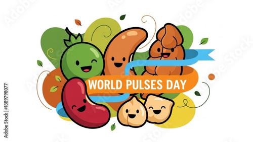 Colorful cartoon legumes celebrate world pulses day with smiling faces and vibrant hues