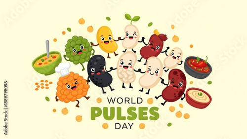 Colorful cartoon pulses and vegetables celebrating world pulses day with smiling faces and lively poses