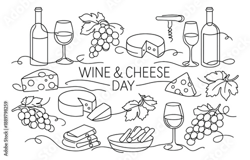 Continuous line art wine and cheese day set featuring bottles, glasses, grapes, and various cheeses for festive gatherings