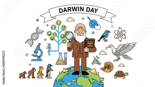 Charles darwin standing on earth with science symbols and animals for darwin day celebrating evolution and biology