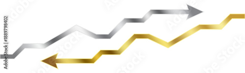 vector illustration: silver and golden investment stock market chart arrow rising up and lowering down isolated on white or transparent