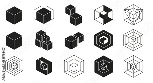 Isometric geometric shape collection: diverse cube and hexagon vector designs in minimalist style
