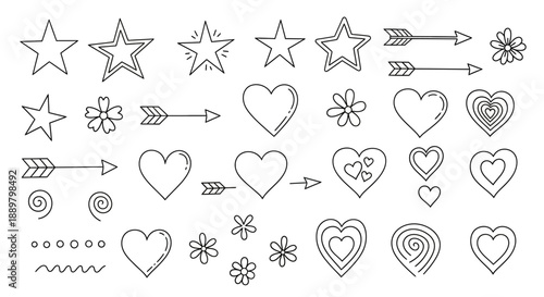 Doodle art seamless pattern of stars hearts flowers and arrows for valentines design concept