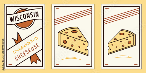 Wisconsin Cheese Poster Set – Stylized Emblem and Swiss Cheese Wedges in Retro Panels Celebrating Dairy Heritage, USA, US, United States
