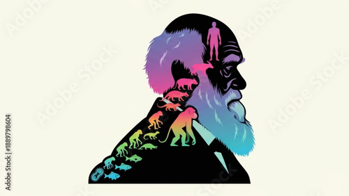 Charles darwin silhouette with colorful animal evolution concept art illustrating natural selection and species diversity