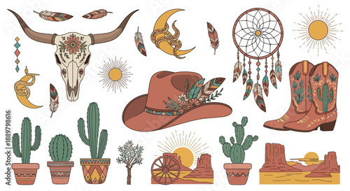 Bohemian desert aesthetic vector illustration with tribal elements and western vibes in soft