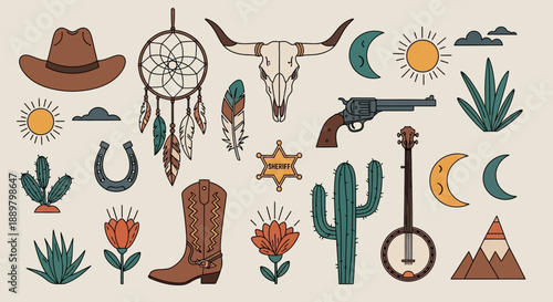 Stylized west elements, dreamcatcher, cowboy hat, bull skull, pistol and banjo illustration