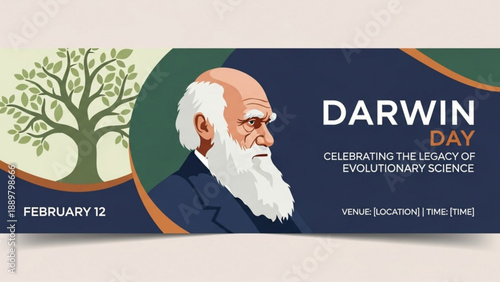 Charles darwin day banner with tree and portrait celebrating evolutionary science on february 12