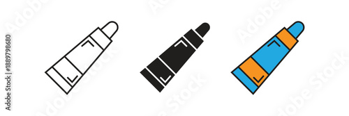 Versatile tube of glue or cream icons in outline, solid, and flat color designs for craft, cosmetics, or medical packaging concepts.