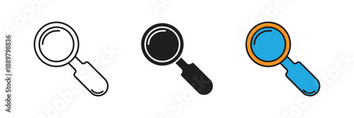 Professional magnifying glass or loupe vector icons in three distinct styles, perfect for search, zoom, discovery, and research UI elements.