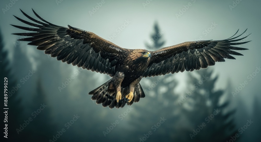 Obraz premium Majestic eagle soaring through misty forest landscape