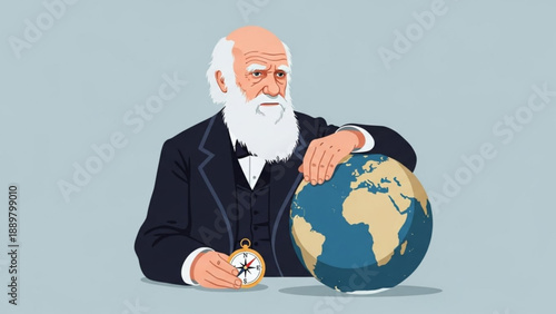 Elderly man with white beard holding pocket watch and resting hand on globe contemplating time and geography