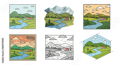 Variety of idyllic landscape drawings showcasing nature's beauty and architectural harmony