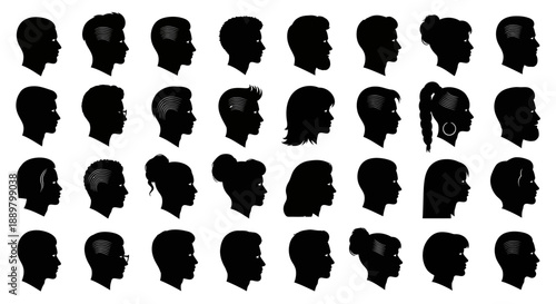 Diversity in silhouette: A mosaic of unique human profiles showcasing varied hairstyles and features