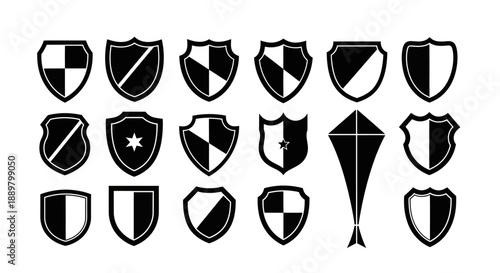Diverse heraldic shield collection embodying protection security and identity design variations