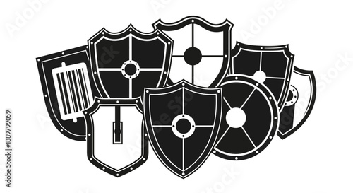 Monochrome collection of heraldic shields symbolizing safety, protection, and security in various
