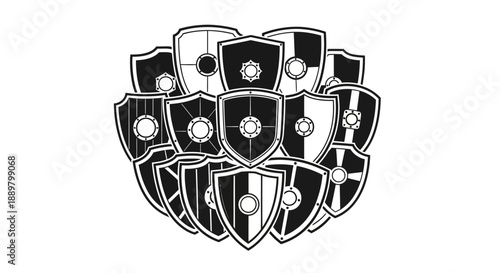 Monochrome cluster of diverse heraldic shields evokes a sense of protection, history, and power