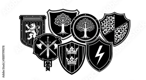 Assorted Heraldic Shields in Black and White Displaying Various Unique and Noble Emblems