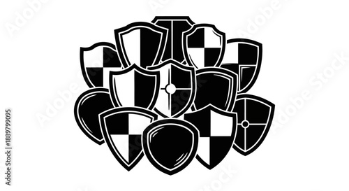 Dynamic array of varied shields symbolizing defense security protection concept monochrome