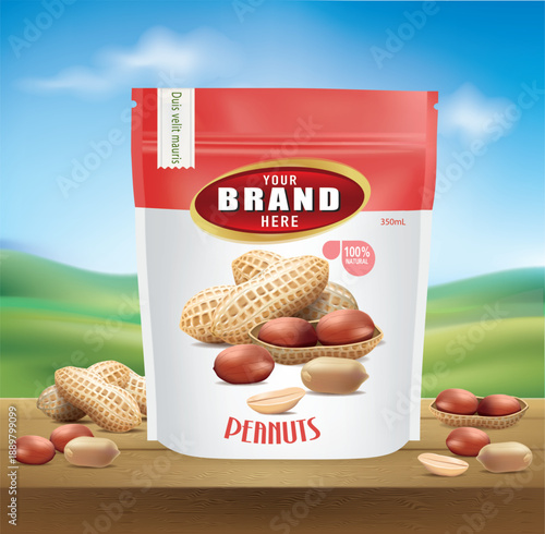 Design a peanut packaging display placed on a piece of wood with a natural background.