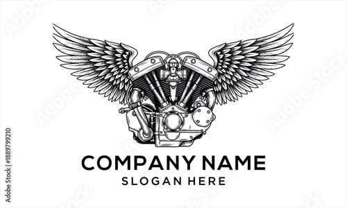Vintage Motorcycle Engine with Wings Logo Design.