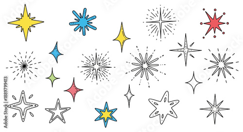 Doodle set of sparkling star icons, hand-drawn style, cosmic elements and celestial designs,