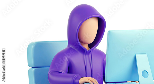 3D character in purple hoodie using a computer