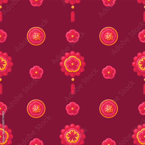 Red and Yellow Traditional Chinese Pattern. Flat Style Amulets And Sakura Flowers . Lunar Chinese New Year