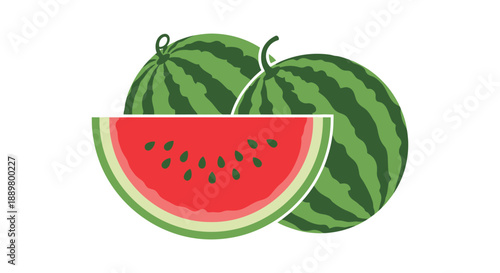 A vibrant illustration showcases two whole watermelons alongside a cut slice revealing the bright red interior and seeds