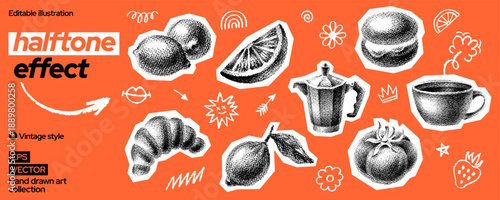 Italian brunch halftone food collage with coffee tea cup, lemon fruit, vintage coffeemaker, chocolate croissant, orange slice, summer tomato. Cafe club art. Pop doodle design bg. Hand drawn scrapbook