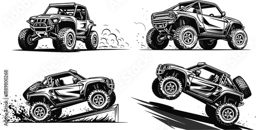 Action set of racing buggies performing stunts and jumping on hills