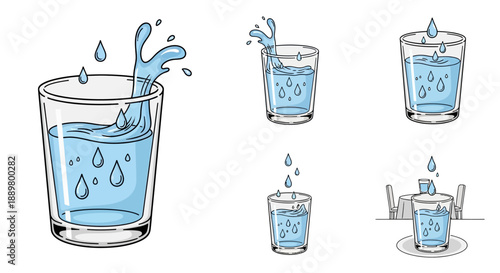 Illustrations showcasing various water levels and dynamics within drinking glasses with stylized