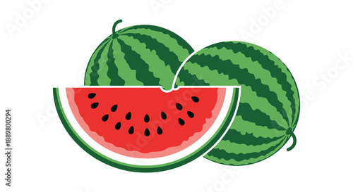 A vibrant illustration showcases several watermelons including a whole one a sliced piece and others displaying their green rind and red flesh