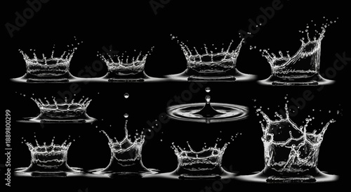 Collection of dynamic water splash images with crown shapes and ripples, isolated on a stark black