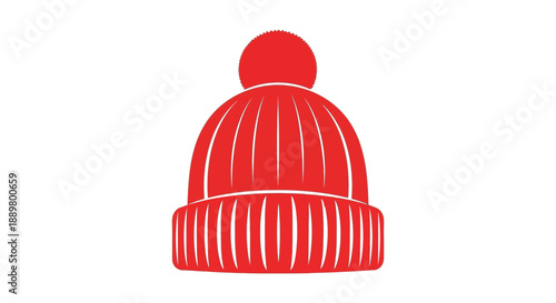 A simple illustration depicts a bright red knitted winter hat with a pom pom isolated on a white background