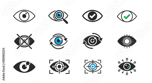 Diverse visual perception set representing sight, vision, surveillance and eye functions
