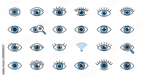 Collection of creative eye icons symbolizing vision perception and observation with diverse designs