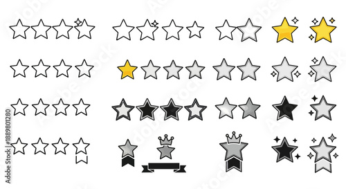 Diverse star rating collection with varied fill levels and decorative elements for feedback